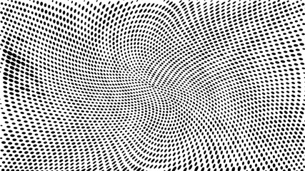 Halftone gradient pattern. Abstract halftone dots background. Monochrome dots pattern. Grunge texture. Pop Art, Comic small dots. Wave twisted dots. Design for presentation, report, flyer, cover, card