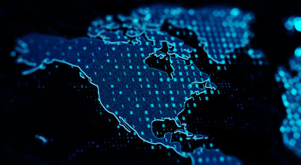 Binary code  background/Blue bytes of binary code, flying over the ground map, code background with depth of field and bokeh