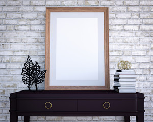 Empty poster frame on a chest of drawers, 3D Rendering