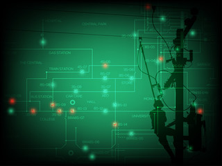 Power outage concept, single line diagram of distribution system with green and red spot light. The background is silhouette power lineman connect the transformer to the high voltage line.