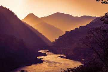 Sepia look of Sunrise  Sacred River Ganges flowing from ishikesh towards Haridwar