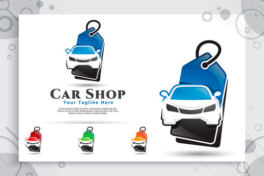 car shop vector logo with modern concept designs, illustration of car and price tag as a symbol and icon of dealer car and digital template app online shop car