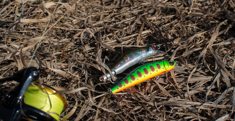 Fishing lures and spinning tackle on the grass. Fishing in the spring. © bochka1986
