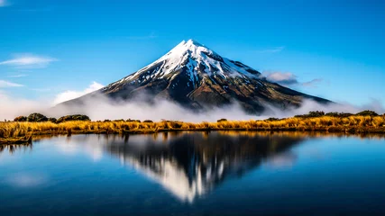 Abwaschbare Fototapete Berge Spiegelsee Mount Taranaki Neuseeland