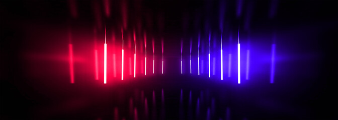 Dark tunnel, corridor, room with smoke, neon light, red and blue neon. Abstract light, glowing lines and spotlight. Night view. 3d render