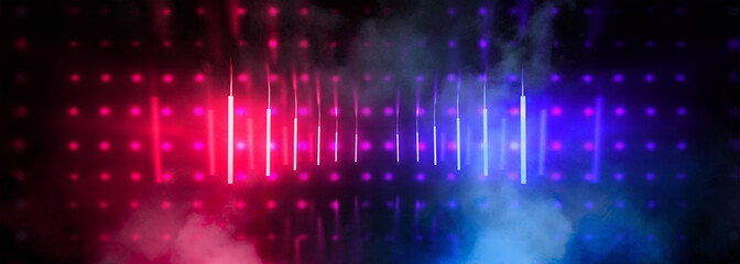 Dark tunnel, corridor, room with smoke, neon light, red and blue neon. Abstract light, glowing lines and spotlight. Night view. 3d render