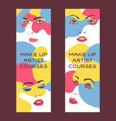 Woman face set of banners vector illustration. Beauty design for salon, make up artist courses training. Cosmetic products, professional care. School for beautician. Masterclass.