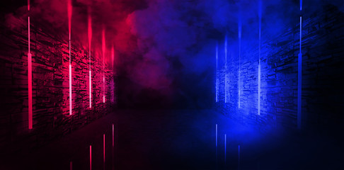 Dark tunnel, corridor, room with smoke, neon light, red and blue neon. Abstract light, glowing lines and spotlight. Night view. 3d render