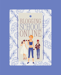 Blogging school online poster vector illustration. Girl exercising with dumbbells, young woman in white dress and red shoes, female character with rucksack in jeans, T-shirt.