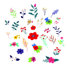 Decorative floral elements. Vector. Plants in cartoon style. Decorations for March 8th. Flower pattern, ornament for fabric. Flower shop. Ikebana floristry. Image on white background.