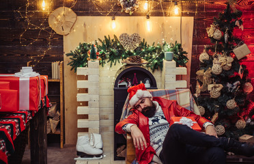 Hipster santa claus. After party new year: festive champagne. Christmas Celebration holiday. New...