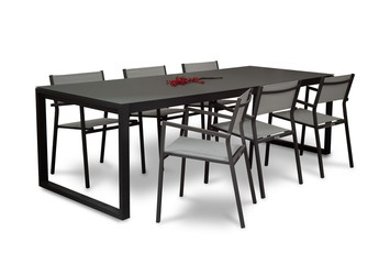 garden dining table with chairs on a white background