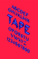 English font set. Vector. Dark blue linear, contour letters and numbers with blue fill. Bright flat ribbon symbols on an orange background. Bulk numbers. All signs are separate. Alphabet.