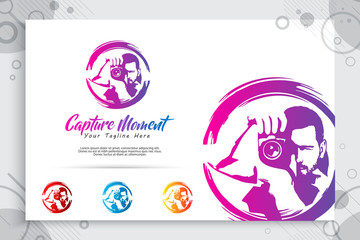 silhouette photography vector logo , illustration of abstract photographer holding lens as a symbol icon of photography service your special moment