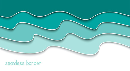 Blue abstract seamless wavy border. Banner template.  Monochrome background. Banner concept. Paper cut sea waves. Vector illustration.