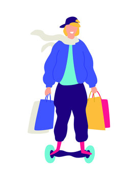 Illustration of a guy on a scooter with purchases. Vector. Positive flat illustration in cartoon style. Discounts and sales. Happy shopaholic shopping. An image of a successful hipster.