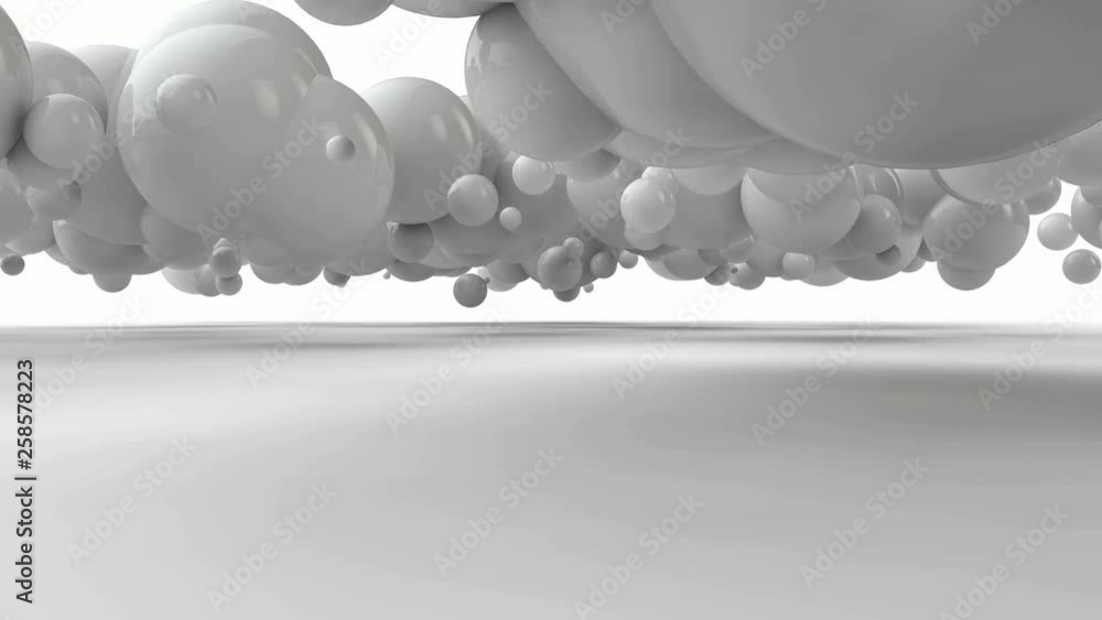 Poster 3d animation of the movement of many balls of different sizes in the air above the white surface.