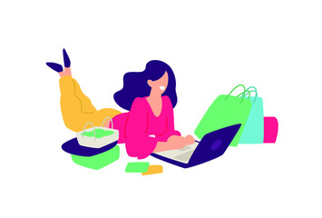 Illustration of a girl with shopping. Vector. Positive flat illustration in cartoon style. Discounts and sales. Shopaholic shopping. The girl communicates online. Webinar, training via the Internet.