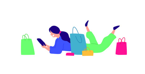 Illustration of a girl with shopping. Vector. Positive flat illustration in cartoon style. Discounts and sales. Shopaholic shopping. The girl communicates online. Webinar, training via the Internet.