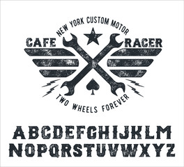 Cafe Racer. Handmade serif font. Vintage typeface. Custom motor. Handmade logo and font. Retro American stile.