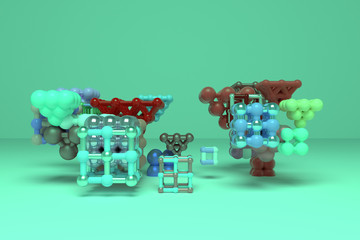 Molecule style concepture, inter-locked square or pyramids, for design texture & background. 3D rendering.