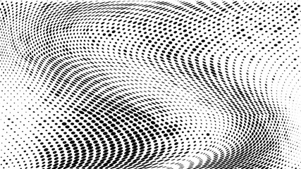 Halftone gradient pattern. Abstract halftone dots background. Monochrome dots pattern. Vector halftone texture. Grunge texture. Pop Art, Comic small dots. Wave twisted dots. Template for cover, banner