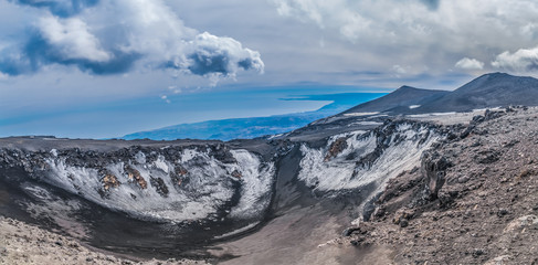 View from the top of Mount Etna with the city of Catania in the background. Sicily, Italy. One of the world’s most active volcanoes, in an almost constant state of activity.