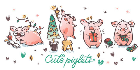 Christmas piglets vector set