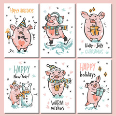 Christmas vector cards set with piglets and  lettering