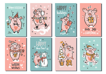 Fototapeta na wymiar Christmas vector cards set with piglets and lettering