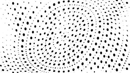 Halftone gradient pattern. Abstract halftone dots background. Monochrome dots pattern. Vector halftone texture. Radial twisted circle. Grunge texture. Pop Art, Comic small dots. Wave twisted dots.