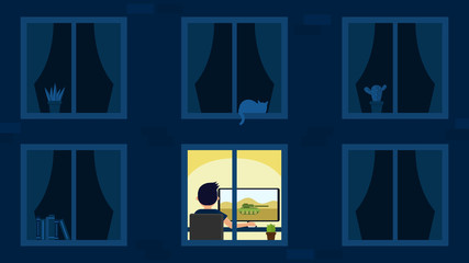 A man is playing a game on a computer at night. Military video game. At the window are plants in pots. The cat is sleeping. Flat vector illustration.