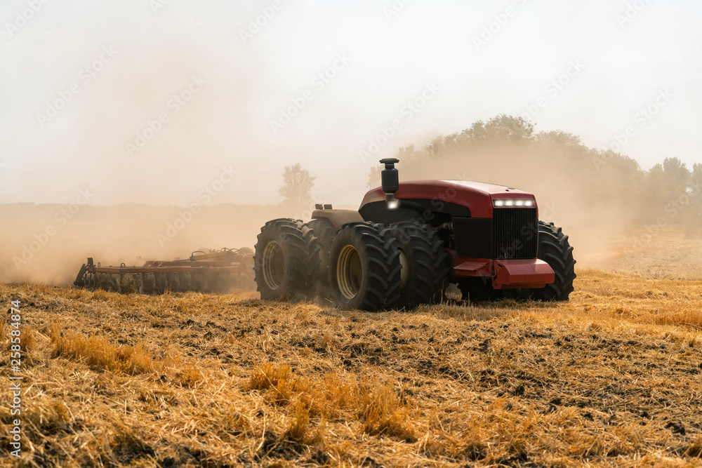 Sticker autonomous tractor working on the field. smart farming