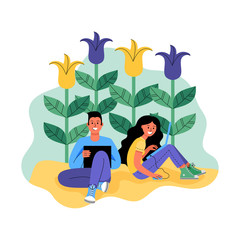 A man and a woman with laptops surrounded by flowers. Vector illustration.