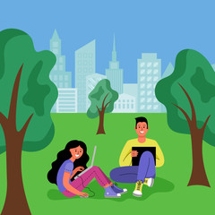 Obraz na płótnie Canvas A man and a woman with laptops are sitting in a city park. Vector illustration.