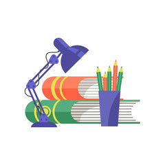 Books and table lamp. Vector illustration.