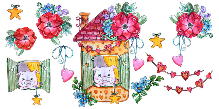 Sweet home piggy illustration.