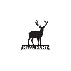 Real Hunt Logo with Deer Silhouette. Hand Drawn Vector Illustration.