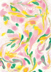 Obraz na płótnie Canvas Abstract seamless pattern of paint stains handmade by marbling technique. Pink, yellow, green stains and drops.