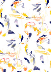 Fototapeta na wymiar Abstract seamless pattern of paint stains handmade by marbling technique. Blue, yellow, orange.