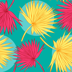 Tropical exotic seamless vector pattern background with palm leaves, jungle leaf. Summer design for fashion, prints, textile. 