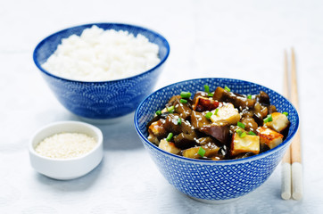Eggplant tofu teriyaki with rice and sesame sprinkle