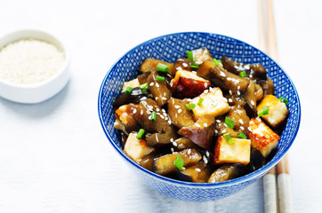 Eggplant tofu teriyaki with rice and sesame sprinkle