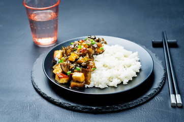 Eggplant tofu teriyaki with rice and sesame sprinkle