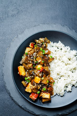 Eggplant tofu teriyaki with rice and sesame sprinkle