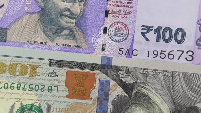 India rupee against US dollar bill rotating. India and USA trade. 4K stock video footage