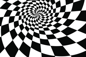 Abstract Black and White Geometric Pattern with Squares. Checkered Optical Psychedelic Illusion. Spiral Tunnel. 3D Illustration