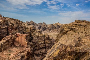 aerial rocky Middle East mountain desert scenery landscape  panoramic view in Jordan rocky environment near Petra famous touristic ancient site