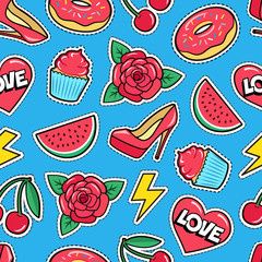 Cute seamless pattern with colorful patches. Stickers of rose flower, cherry, heart, watermelon, donut, cupcake etc on blue background. Beautiful vector background for Valentine's Day or Women Day.
