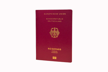 German biometric passport isolated on white background. Inscription - European Union, Federal Republic of Germany, Passport. Border crossing, travel, immigration